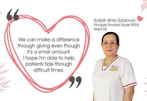 Principle Enrolled Nurse (PEN) Rokiah Binte Sulaiman from Ward 56 is a staff donor of the NHCS Heart To Heart Fund