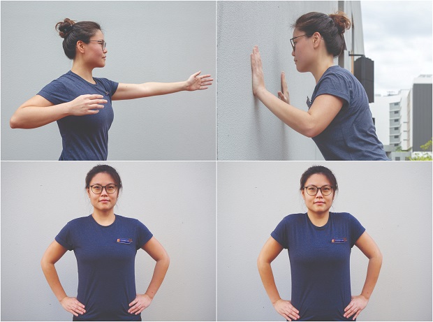  ​​Dr Bernice Liu, Principal Physiotherapist at Sengkang General Hospital,
demonstrates basic workout moves, such as trunk rotation, wall push-ups and shoulder shrugs, that can be
done at home.